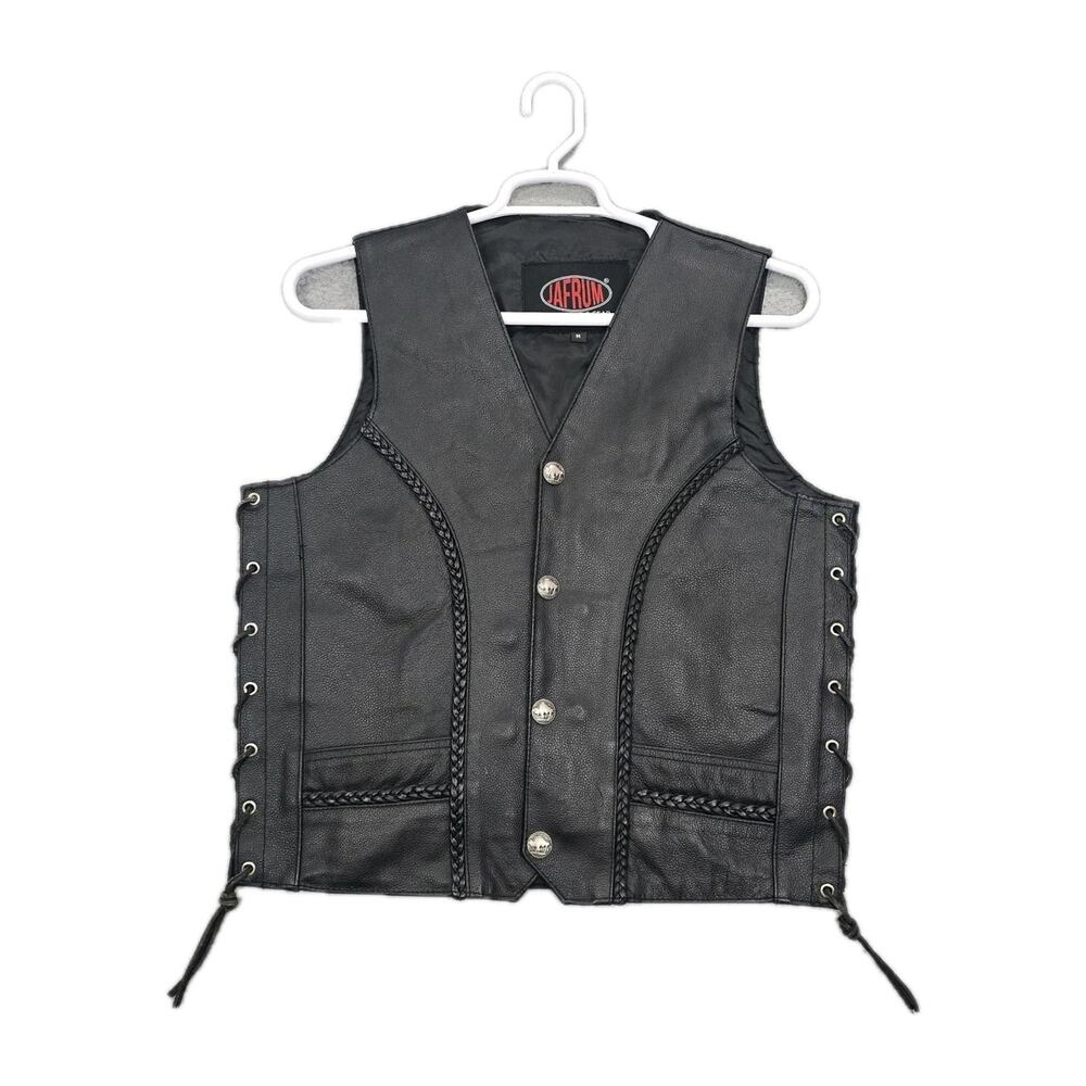 Biker Vest Mens Medium Jafrum Black Leather Side Laces Buffalo Snap Motorcycle